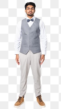 Man png mockup in gray vest suit and bow tie men’s formal attire full body