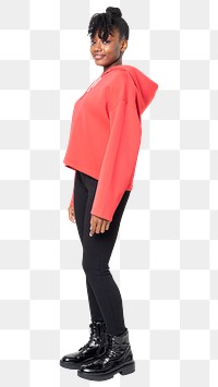Woman png mockup in red hoodie streetwear apparel full body side profile 