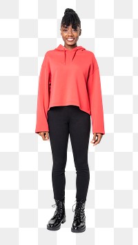Woman png mockup in red hoodie streetwear apparel full body 