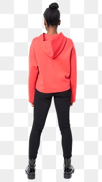 Woman png mockup in red hoodie streetwear apparel rear view