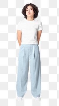 Woman png mockup in white tee and blue loose pants casual fashion