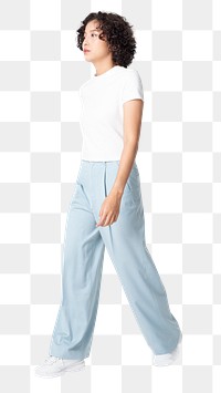 Woman png mockup in white tee and blue loose pants casual fashion