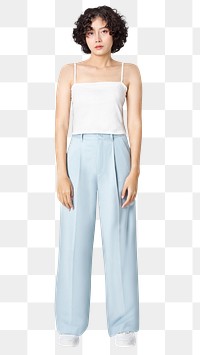 Woman png mockup in white tank top and blue loose slacks casual apparel