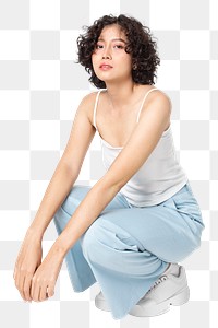 Woman png mockup sitting and posing in simple outfit full body