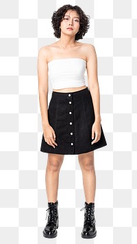 Woman png mockup in white bandeau top and skirt streetwear apparel