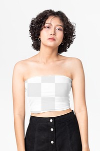 Woman png mockup in white bandeau top and skirt streetwear apparel