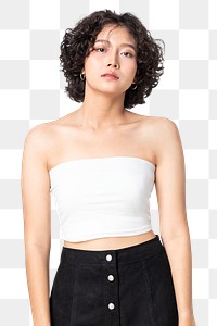 Woman png mockup in white bandeau top and skirt streetwear apparel