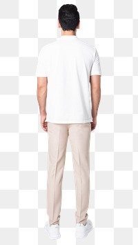 Man png mockup in white polo casual business wear full body rear view