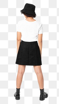 Woman png mockup in white t-shirt top and skirt streetwear apparel set rear view