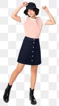 Woman png mockup in pink t-shirt top and skirt streetwear apparel set