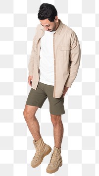 Man png mockup in beige jacket and shorts casual fashion full body 