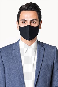 Png men’s shirt transparent mockup wearing blue suit and black mask