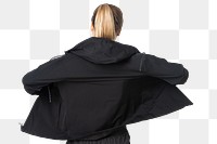 Png women’s windbreaker jacket mockup black rear view sportswear fashion shoot