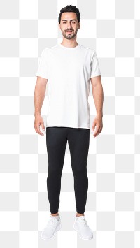 Man png mockup in white tee and leggings activewear fashion full body