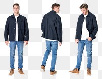 Man png mockup in navy jacket and jeans casual fashion set