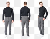 Man png mockup in black turtleneck shirt with slacks men’s casual business wear set