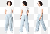 Woman png mockup in white tee and blue loose pants casual fashion