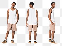 Man png mockup in white tank top summer apparel full body set