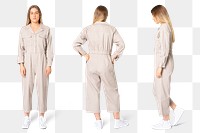 Woman png mockup in beige jumpsuit street fashion full body and rear view set