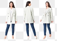 Woman png mockup in white coat and jeans casual wear apparel set