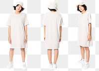 Woman png mockup in t-shirt dress  with bucket hat casual wear full body set