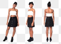 Woman png mockup in black bandeau top and skirt streetwear apparel set