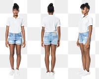  Woman png mockup in white polo shirt with denim shorts casual wear set