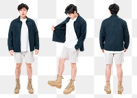 Man png mockup in navy jacket and shorts casual fashion full body