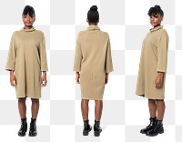 Woman png mockup in beige t-shirt dress casual wear apparel full body