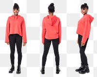 Woman png mockup in red hoodie streetwear apparel full body