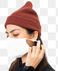 Png asian woman mockup wearing mask and red knitted hat