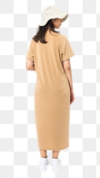 Woman png mockup in brown t-shirt dress with bucket hat casual wear rear view