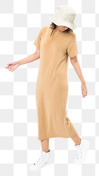 Woman png mockup in t-shirt dress with bucket hat casual wear full body