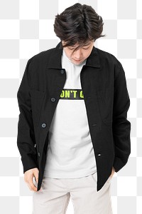 Png man mockup in black simple jacket on transparent background