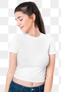 Png woman in plain crop top mockup with design space