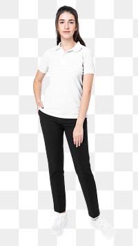 Png polo shirt mockup in white women’s casual business wear full body