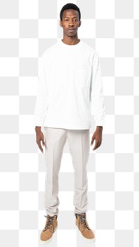 Man png mockup in white sweater and pants sitting on a chair street fashion full body