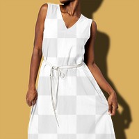 Png simple loose dress mockup transparent with belt on brown background