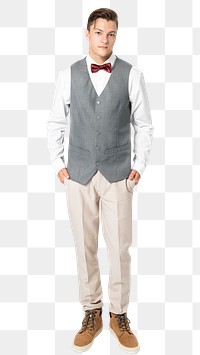 Man png mockup in gray vest suit and bow tie men’s formal attire full body