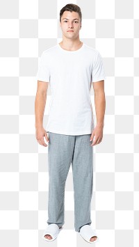 Man png mockup in white t-shirt and pants sleepwear apparel full body