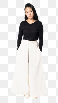 Asian woman png mockup in black palazzo pants casual fashion full body