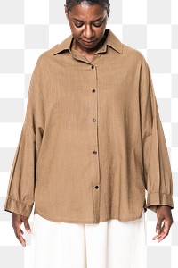 Png long-sleeve shirt mockup on African American woman