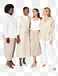 Png earth tone outfit mockup on diverse group of people for apparel ad