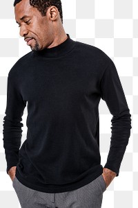 Png black turtleneck t-shirt mockup on African American man