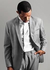 Png gray suit mockup on African American man close-up 