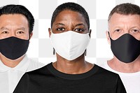 Png diverse people mockup wearing masks on transparent background