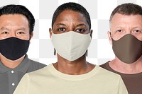 Png diverse people mockup wearing masks on transparent background