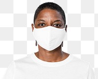 Png African American woman mockup wearing mask on transparent background