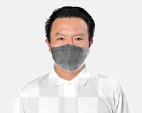 Png polo shirt mockup transparent on Asian man with black face mask 