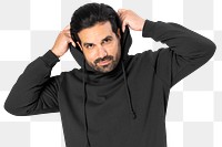 Png black hoodie mockup on Indian man close-up on transparent background